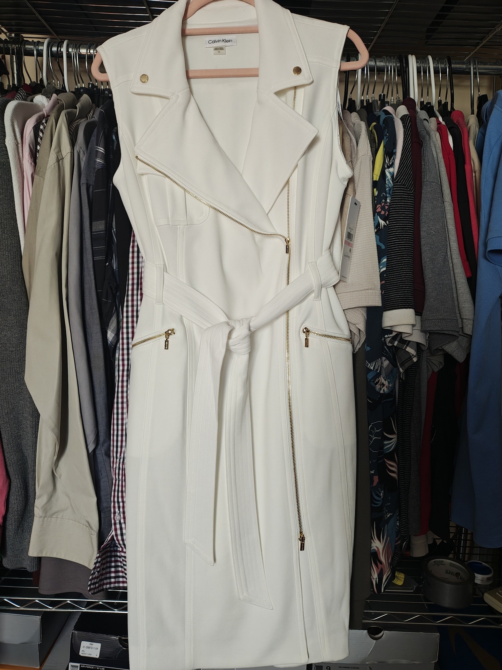 Calvin Klein Ivory Sleeveless Moto Midi Dress with Belt